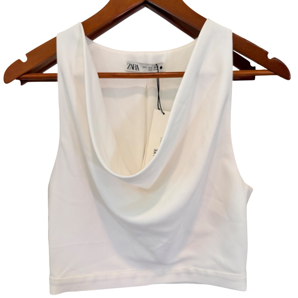 ZARA White Cowl Neck Sleeveless Cropped Top Blouse Shirt Women Size S Clean Girl